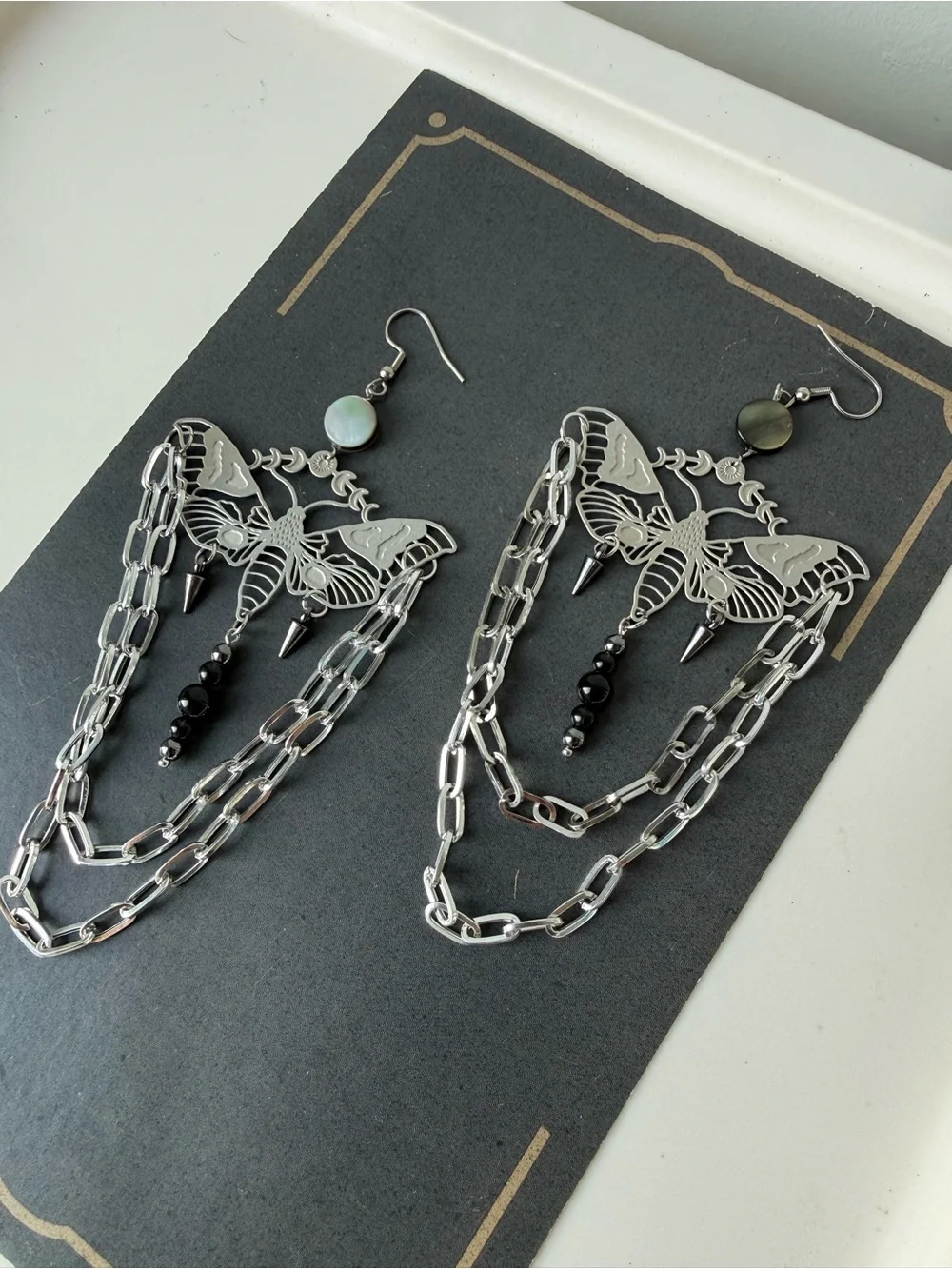 Moth statement earrings black obsidian hematite hanging chains witchy boho festi